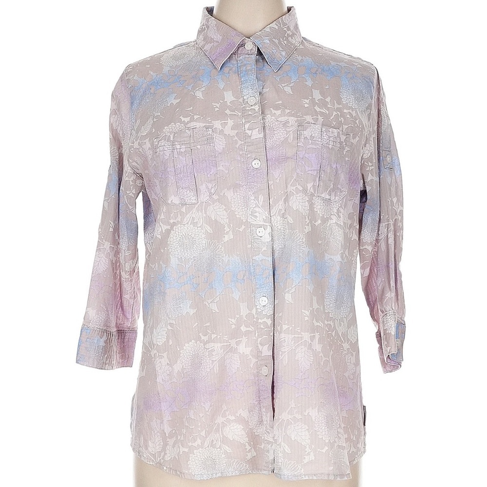 Vintage Woolrich Ombre Floral Pewter 3/4 Sleeve Button Down Shirt Blouse Size L
